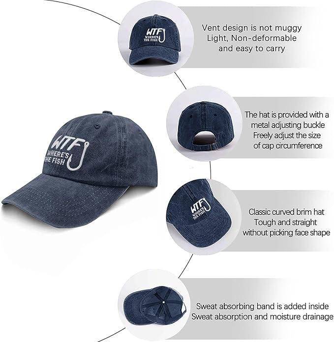 WTF Where's The Fish caps Funny Vintage Cotton Washed Baseball Caps Adjustable Low Profile Dad Hat