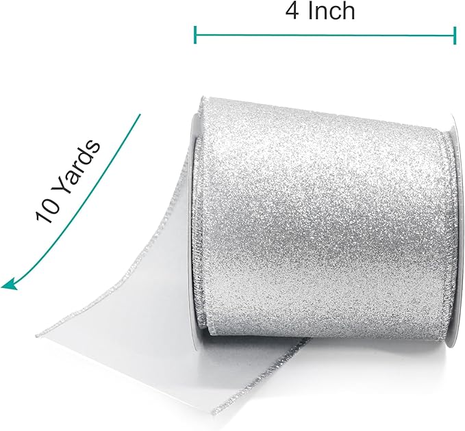 CT CRAFT LLC Glitter Wired Ribbon 4" x 10 Yards Silver - Image 2
