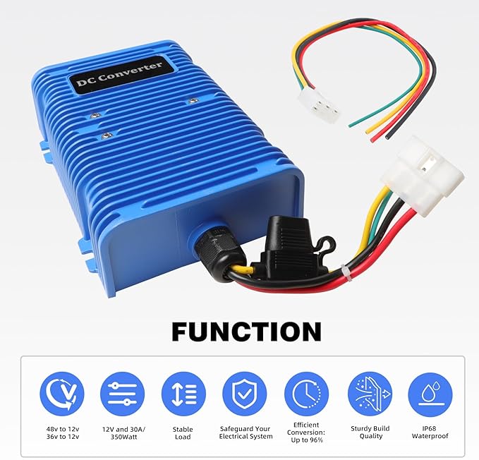 Roykaw Golf Cart Voltage Reducer Regulator,36 or 48V to 12V DC Converter,30A/350Watt, Universal Compatible with EZGO, Club Car, Yamaha and Most Golf Carts