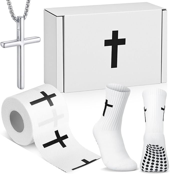 TrelaCo 4 Pack Christian Sports Gift Set with Athletic Tape Sport Socks Cross Necklace Gift Boxes Religious Soccer Socks