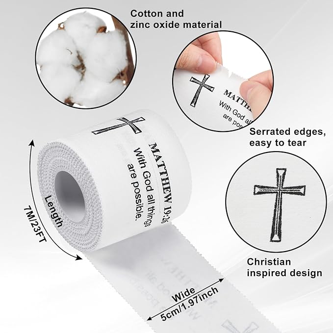 MiniInflat 2 Pcs Christian Cross Athletic Tape Sports Tape 2in x 23ft Religion Jesus Wrist Wrap for Soccer Football Baseball, Gift for Graduation Teacher Nurses Week Pentecost(White,Matthew 19:26)
