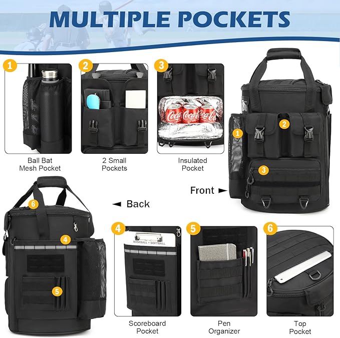 Baseball Bucket Bag - Baseball Coaching Accessories Organizer, Softball Bucket Bag with Insulation Pocket, Anti-Slip Bottom for Bat, Gloves, Scoreboards