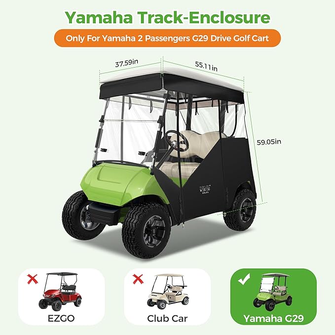 10L0L 2 Passenger Track-Style Enclosure Cover for Yamaha G29 Drive/Drive 2, Waterproof 600D Polyester Rain Shelter with Pre-Drilled Awning Track, 3-Piece Zip-Off Design, Roll-Up All Sides,Valance
