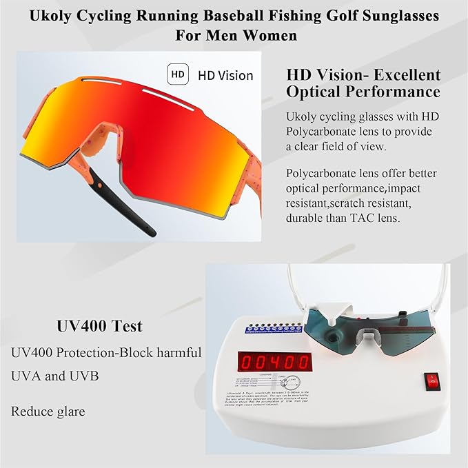 Ukoly Cycling Sunglasses for Men Women with 3 Interchangeable Lenses, Polarized Sports Sunglasses, Baseball Sunglasses