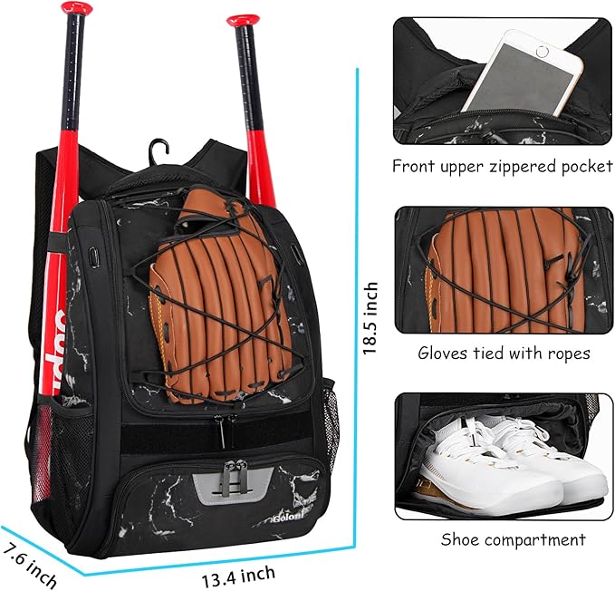 Goloni | Baseball Backpack,Baseball Bag for Adult,Softball Bat Bag with Shoes Compartment,Large Main Compartment for Helmet & accessories, Fence Hook
