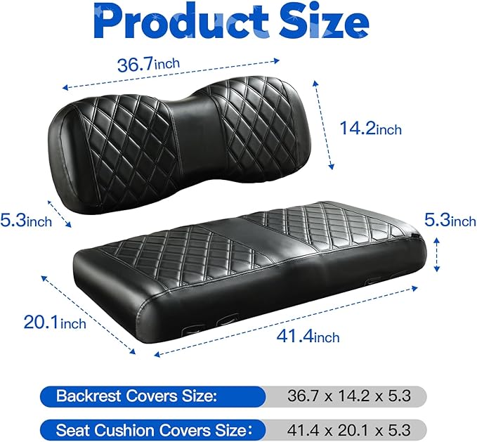 NOKINS Golf Cart Diamond Seat Covers Kit, Fit for Yamaha Drive/Drive2 OEM Standard Front Seat Cushion, No Nails Required & Easy to Clean, Breathable Vinyl Seat Covers (Black&Black Stitching)