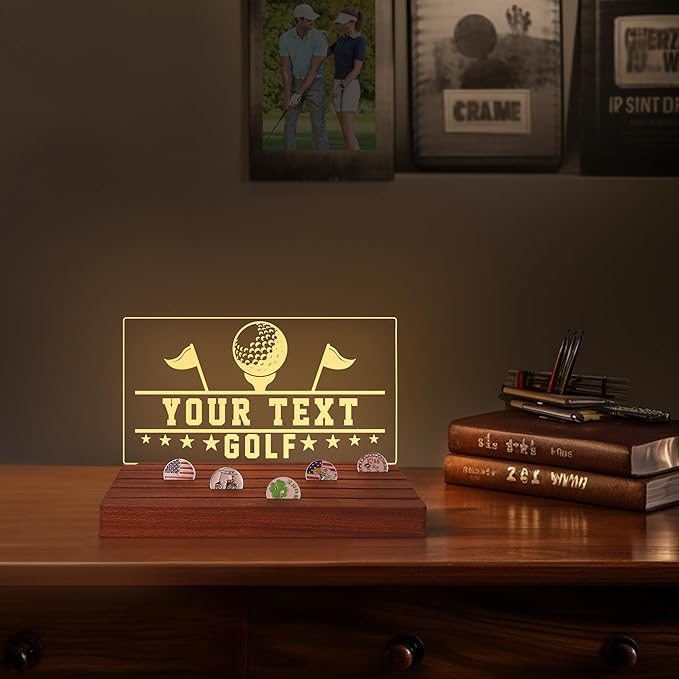 Customized Golf Ball Marker Display, Wooden Acrylic Accessories with Warm White Color Lights USB Powered, Desk Decor, Gift for Golfers