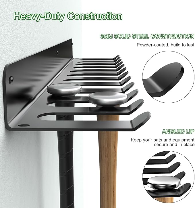 QBA Wall Mount Baseball Bat Holder, Heavy Duty Metal Bat Rack, Holds 22 Bats, Bats Organizer for Dugout Fence Home Garage (Black)