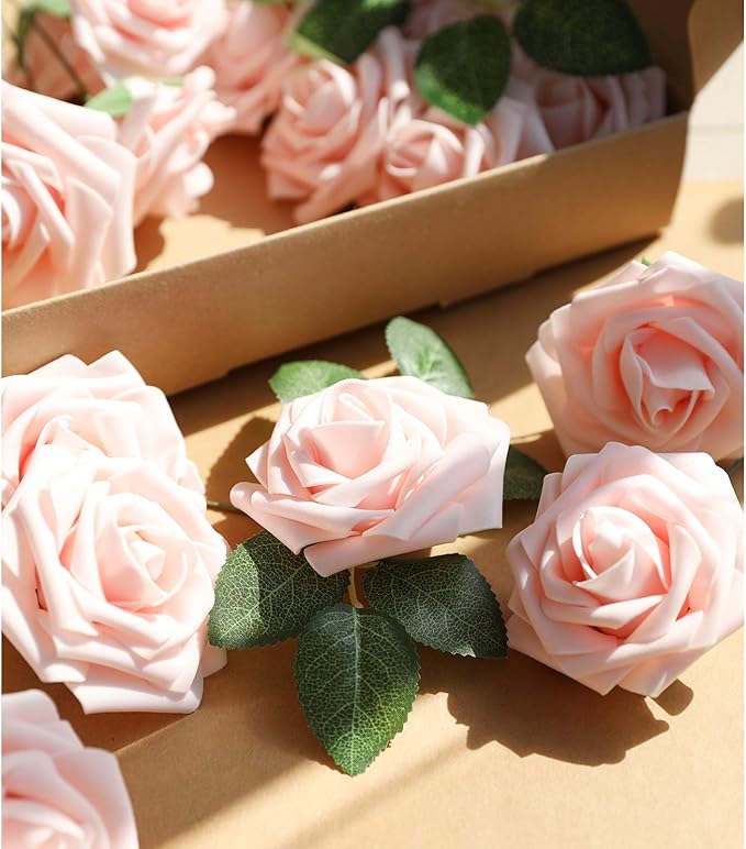 AmyHomie Artificial Flower Blush Pink Rose 50pcs Real Looking Fake Roses w/Stem - Image 5