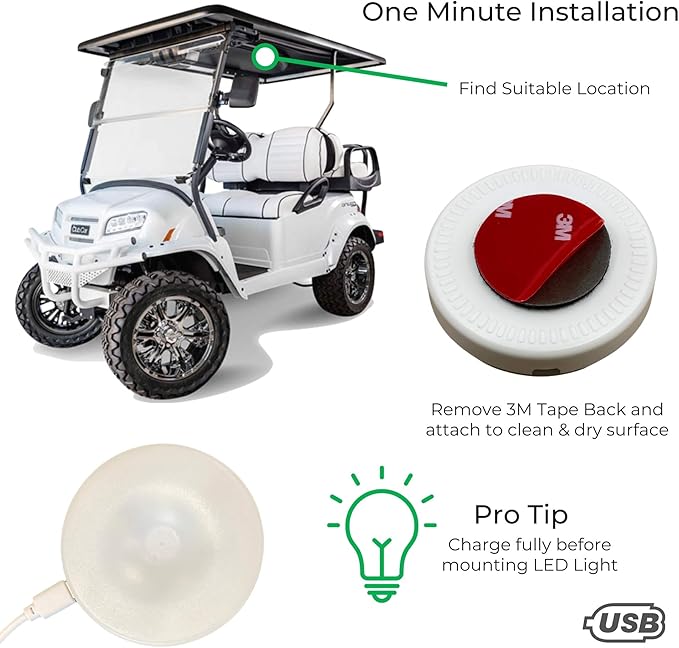 2-Pk Universal Golf Cart Roof Stick On Anywhere One Touch LED Light fits Club Car, Onward, Precedent, EZGO, Yamaha, and Garia carts, USB Rechargeable Puck Designed for Golf cart use, Great Golf Gifts