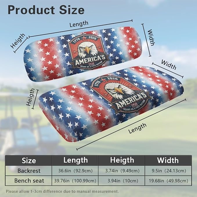 Yewatlles Golf Cart Seat Cover Set Fashion Printed for Club Car Small Breathable Bench Seat Covers, Washable Polyester Cloth 250 Years Eagle Pattern