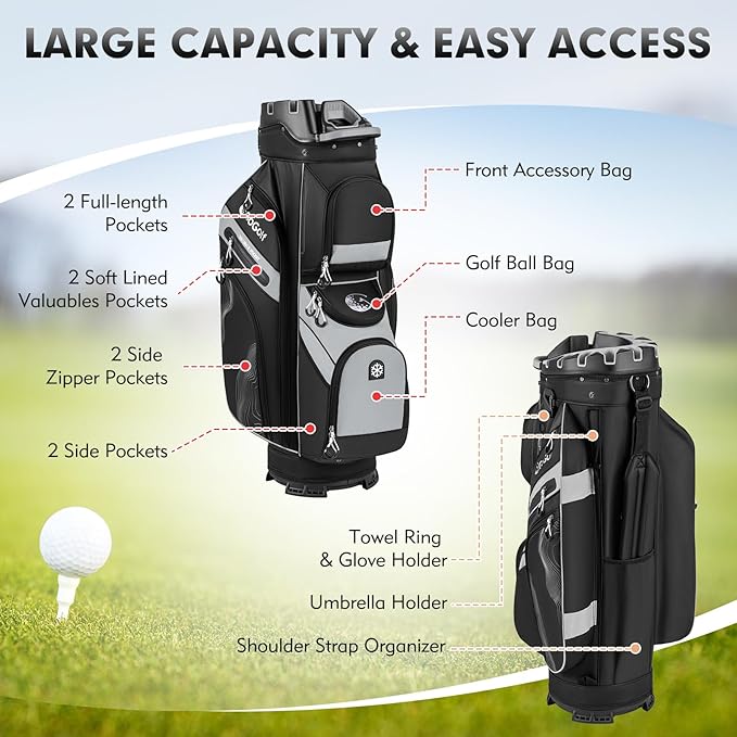 Tangkula Golf Cart Bag with 14-Way Full Length Dividers, 6 Molded Lock Top Golf Club Bag with 11 Pockets, Cooler Bag, Padded Strap, Handles, Umbrella Holder & Rain Hood