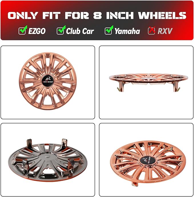 Golf Cart Hub Caps 8 Inch for EZGO/Club Car/Yamaha (Excludes EZGO RXV) Golf Cart Wheels and Tires, Snap-On Installation Wheel Covers Accessories, Premium ABS Plastic, Set of 4, Copper