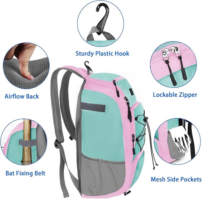 MATEIN Baseball Backpack, Softball Bat Bag with Shoes Compartment for Youth, Boys and Adult, Lightweight Baseball Bag with Fence Hook Hold TBall Bat, Batting Mitten, Helmet, Caps, Teeball Gear