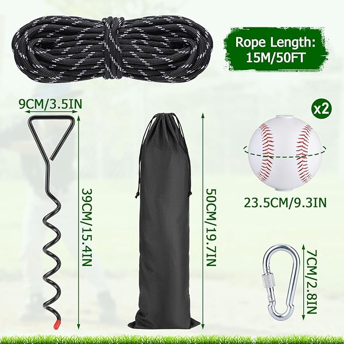 TOBWOLF Baseball & Softball Swing Trainer, Replaceable Practice Baseball on Rope with Heavy-Duty Ground Stake, Solo Swing Practice in Backyard & Get 50ft of Flight Feedback, Ideal for Baseball Players
