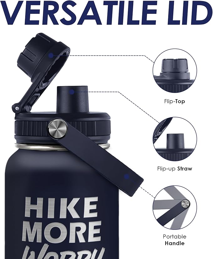 SANDJEST Hiking Insulated Stainless Steel Water Bottle 32oz, Hike More Worry Less, Vacuum Chug Lid Travel Tumbler for Men Friends Dad Brothers Hikers, Gift for Birthday Christmas Fathers Day