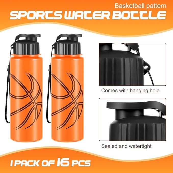 Olgaa 16 Pcs Basketball Water Bottle Bulk 20 oz Basketball Reusable Water Drink Bottles Sports Accessories for Party Favor Players Lovers Team Gifts