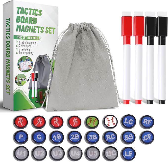 ZPU 23 Picese Baseball Magnets Set with 2 Dry Erase Black Marker Pens, 2 Red Marker Pens, 1 Storage Bag, Tactics Strategy Board Coaches Clipboard Accessories (Board NOT Included)