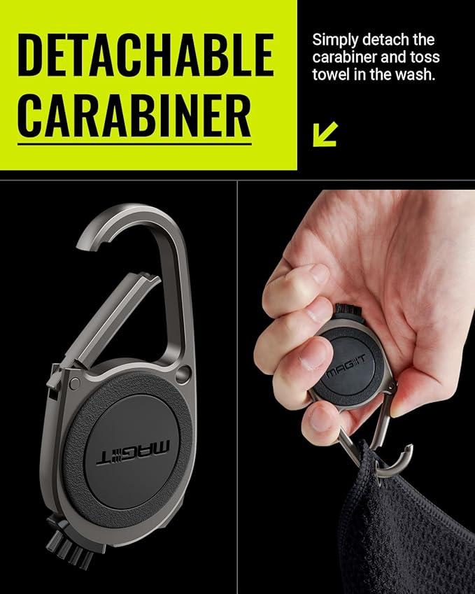 Legato MAG-iT Magnetic Golf Towel with Built-in Groove Cleaner & Sharpener – N52SH Ultra-Strong Magnet, Waffle Microfiber, Carabiner Included – Golf Bag Accessory – Black