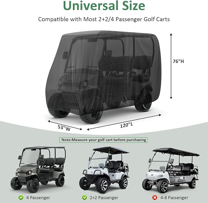 Golf Cart Cover 4/6 Passenger,115/118/120/123/144/150/156 Inch Waterproof Universal Golf Cart Cover for Evolution EZGO Club Car,Outdoor Protection Golf Cart Accessories