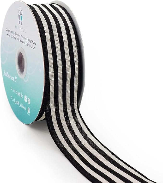 CT CRAFT LLC Striped Canvas Cotton Ribbon 2.5" x 50 Yards Ivory/Black Stripes by CTCRAFTLLC