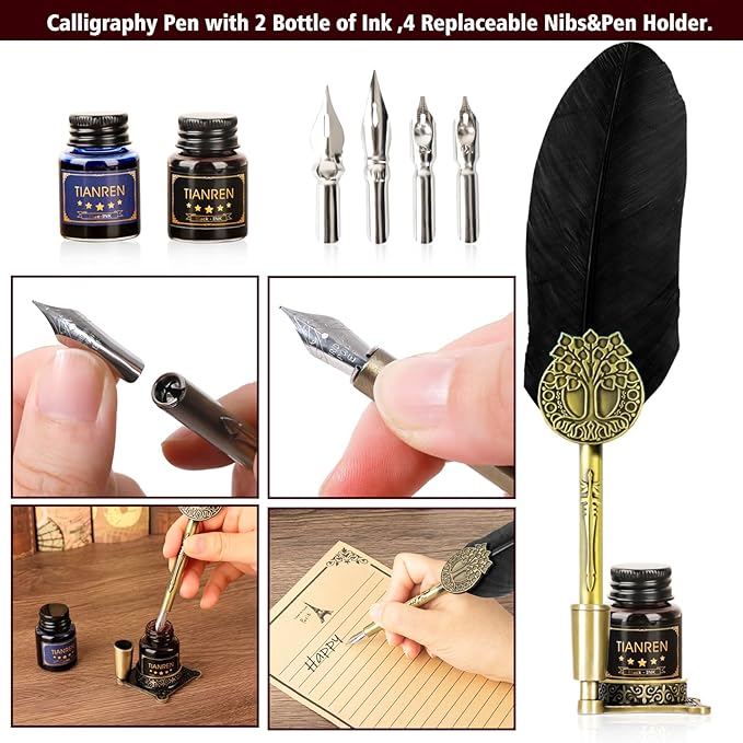 Quill pen ink set, Feather Pen and Ink Set, Antique Calligraphy Pen - Image 2