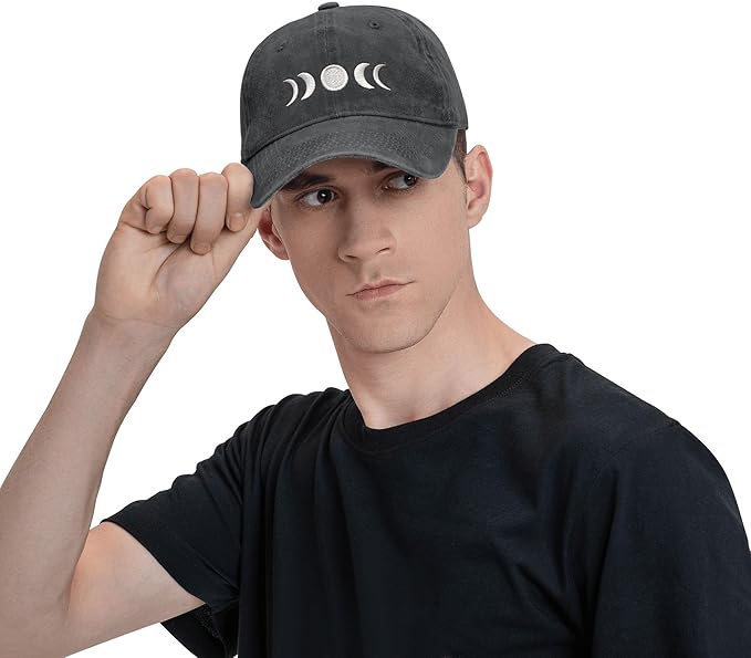 Gothic Goth Crescent Moon Hat, Adjustable Embroidered Washed Baseball Cap for Men Women