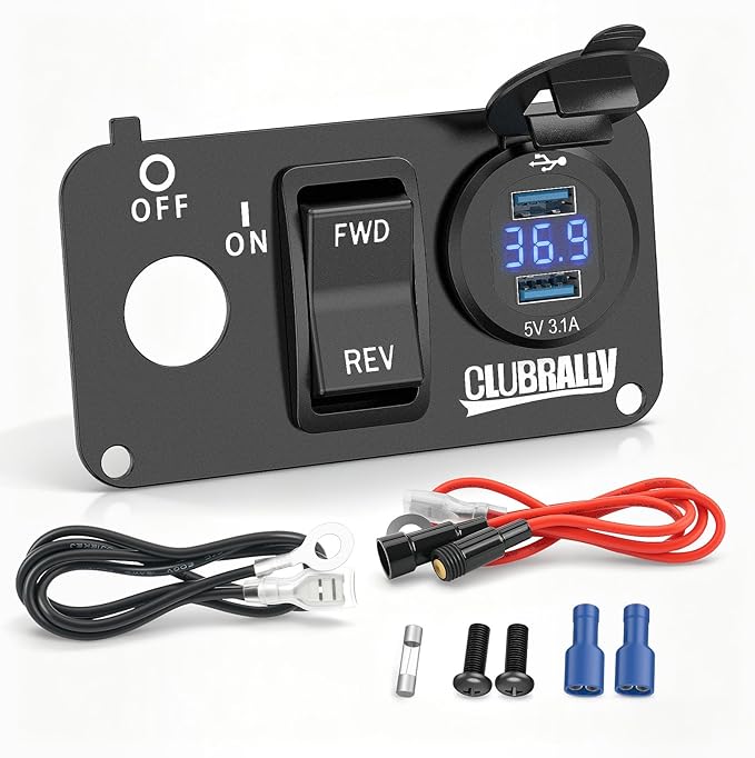 EZGO Key Switch Plate with Forward Reverse Switch, DC 9V-48V 3.1A Fast Charge Dual USB Charger, LED Digital Voltmeter, Fit Electric EZGO TXT, Medalist, PDS Golf Carts((Black/Red))