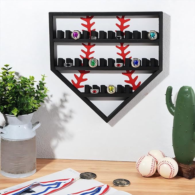 Menkxi Baseball Ring Holder Display Case Wood Softball Ring Holder with 30 Brackets for Championship Medal Stand Wall Mount Baseball Medal Organizer for Trophy Souvenir Collectables Gifts(White)