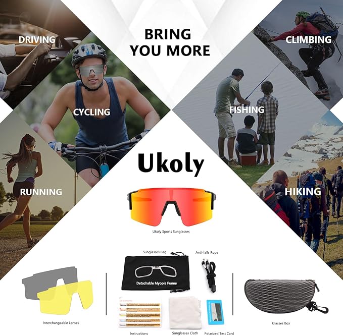 Ukoly Cycling Sunglasses for Men Women with 3 Interchangeable Lenses, Polarized Sports Sunglasses, Baseball Sunglasses