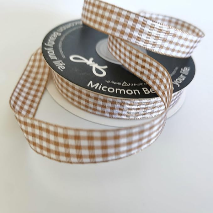 Micomon Khaki and White Woven Edge Plaid Ribbon 100% Polyester Gingham Ribbon - Image 5