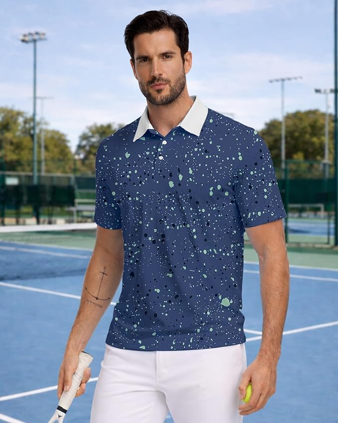 KUYIGO Mens Polo Shirt Quick Dry Moisture Wicking UPF 40+ Performance Printed Short Sleeve Summer Tennis Golf Shirt