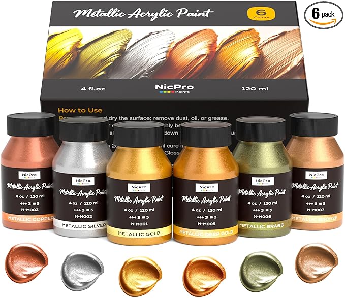 Nicpro Acrylic Paint Metallic, 6 Colors Gold, 24oz/720ml Gold Leaf Paint by Nicpro