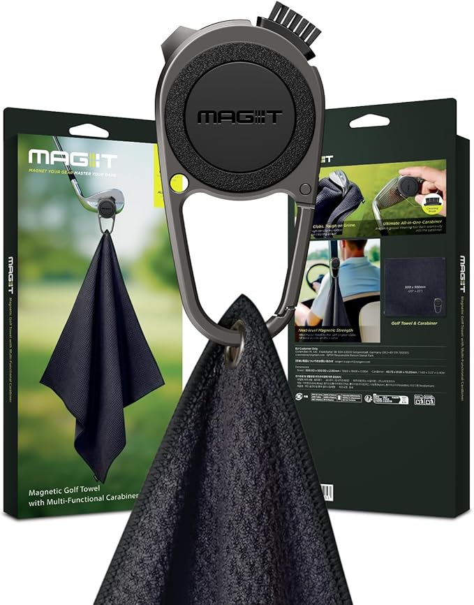 Legato MAG-iT Magnetic Golf Towel with Built-in Groove Cleaner & Sharpener – N52SH Ultra-Strong Magnet, Waffle Microfiber, Carabiner Included – Golf Bag Accessory – Black