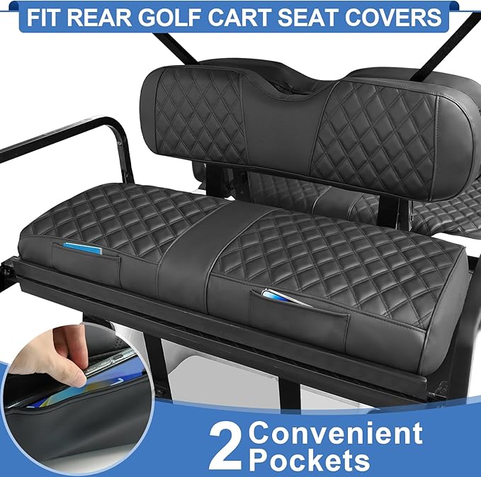 Rear Golf Cart Seat Covers for EZGO, Club Car, Yamaha, Rear/Back Golf Cart Seat Cover with Thick Vinyl Leather Comfortable Support Design, Breathable,2 Convenient Pockets