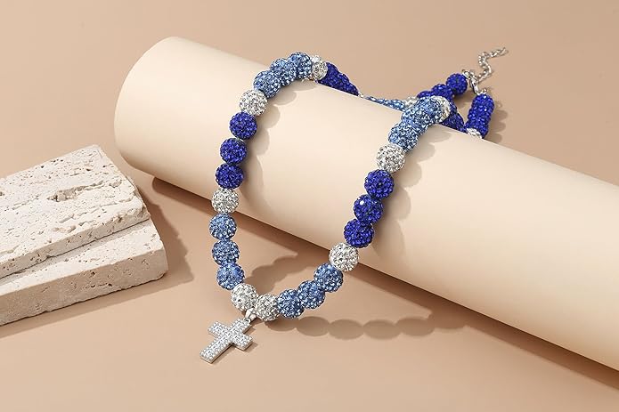 QINJIEJIE Baseball Necklace for Men Glitter Bling Rhinestone Beaded Collection Necklace for Women 16/18in Inspired Sports Jewelry Baseball Chain Cool Gifts for Baseball Players Team Lovers