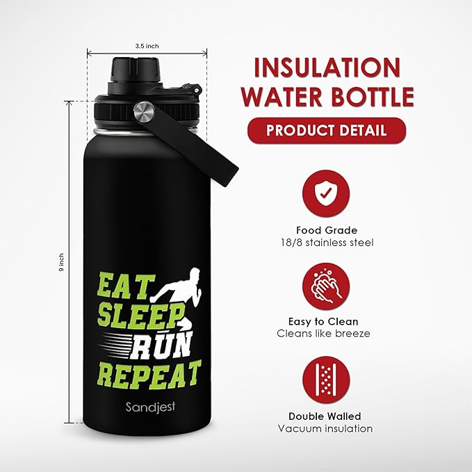 SANDJEST Running Insulated Stainless Steel Water Bottle 32oz, Eat Sleap Run Repeat, Vacuum Chug Lid Travel Tumbler for Men Friends Dad Brothers Runners, Gift for Birthday Christmas