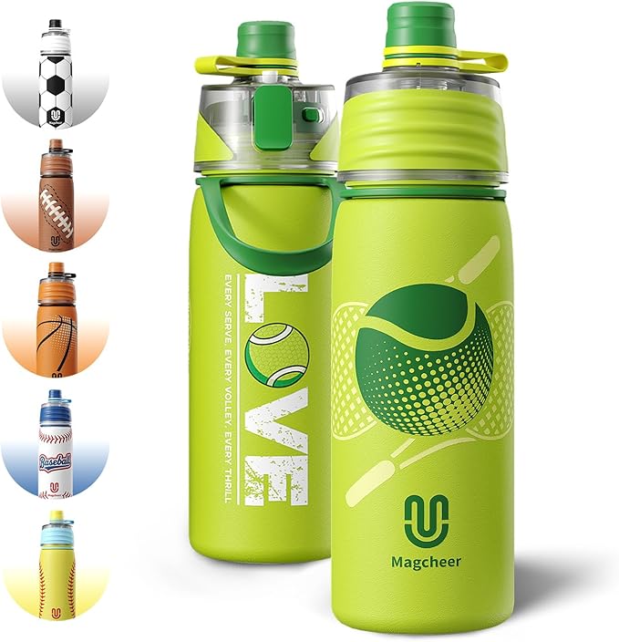 Tennis Water Bottle - 20oz Insulated Misting Water Bottles Stainless Steel 3D Textured - Tennis Accessories Gift for Kids