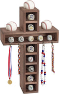 Cross Baseball Ring Display Case with 4 Extra Hooks,3 Baseball Display Location and 12-Slot,Wooden Wall Mount Baseball Ring Holder for Collection Balls, Medals,Sports Champion Rings