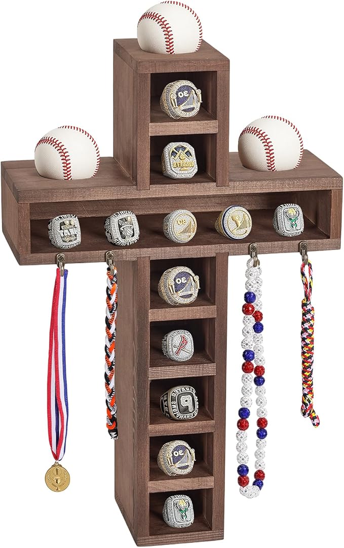 Cross Baseball Ring Display Case with 4 Extra Hooks,3 Baseball Display Location and 12-Slot,Wooden Wall Mount Baseball Ring Holder for Collection Balls, Medals,Sports Champion Rings