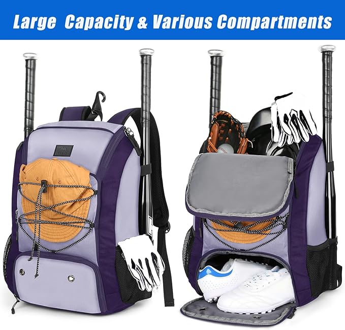 MATEIN Baseball Backpack, Softball Bat Bag with Shoes Compartment for Youth, Boys and Adult, Lightweight Baseball Bag with Fence Hook Hold TBall Bat, Batting Mitten, Helmet, Caps, Teeball Gear