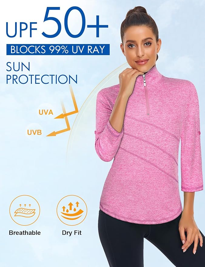 Koscacy Women's 3/4 Roll Sleeve Golf Tennis Polo Shirts UPF50+ Half Zip Dry Fit Workout Tops Athletic Shirt