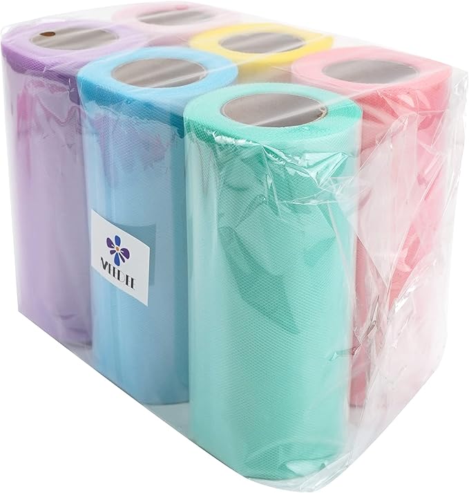 MEEDEE Pastel Tulle Ribbon 6 Rolls Tulle Fabric Spool Ribbon, 6 inch by 25 - Image 9