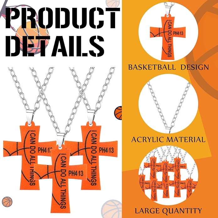 Tondiamo 24 Set Basketball Volleyball Cross Necklace with Card Sport Party Favors Charms Team Gift Bulk Religious Cross Necklace Christian Coach Gifts Jewelry for Sport Player Fans Men
