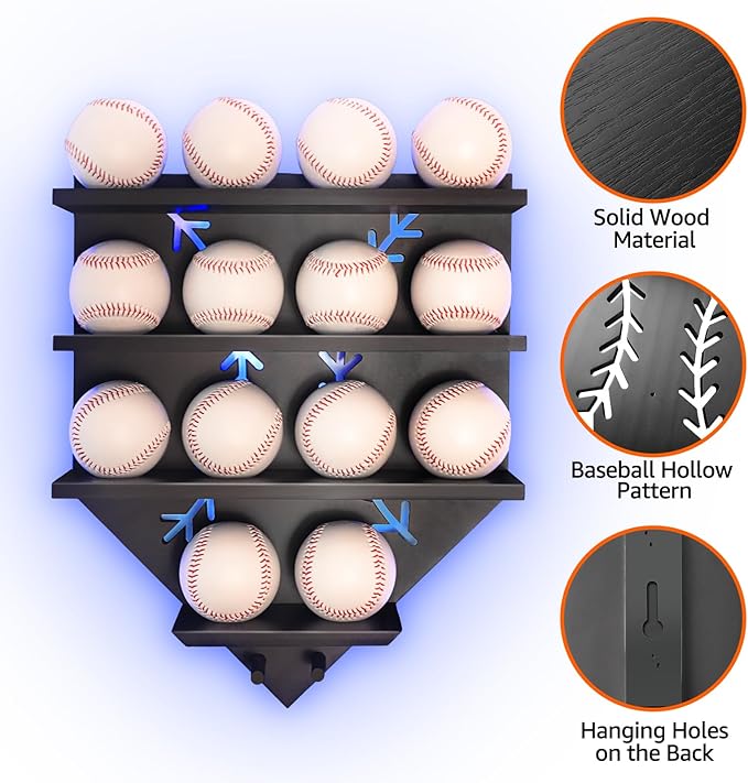 Baseball Display Shelf with LED Light, Home Plate Shaped Wood Holder, Championship Ring Wall Organizer for PSA SGC Collectibles, Ball Hanging Frame Gift for Boys Son