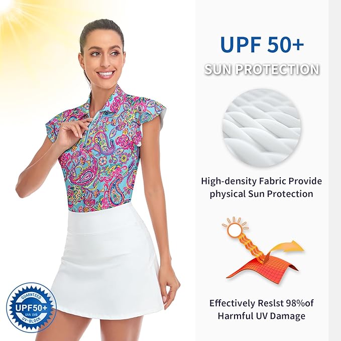 Soneven Womens Petal Sleeve Golf Shirts Moisture Wicking Lady Golf Apparel Print Tennis Sport T Shirt