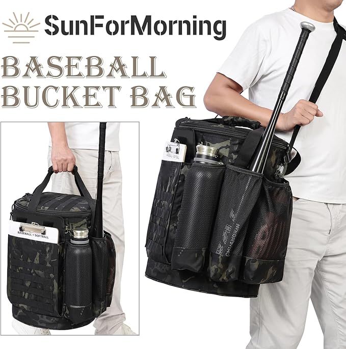 Baseball Bucket Bag Baseball Coaching Accessories Organizer Tactical Style Softball Bucket Bag with Anti-Slip Bottom, Multiple Pockets for Bat, Gloves, Scoreboards