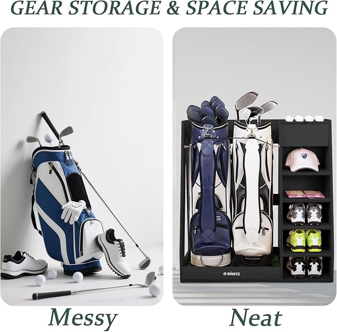 WINGYZ Premium Birch Plywood Golf Bag Storage for 2 Bags | 36lb Rock-Solid Golf Bag Organizer | 7-Shelf Command Center | Artificial Turf 12-Ball Display | No Wall Mounting Required (Black)