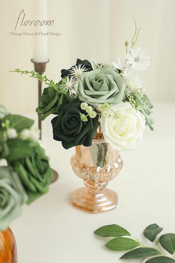 Floroom Artificial Flowers 25pcs Real Looking Forest Green Ombre Colors Foam - Image 2