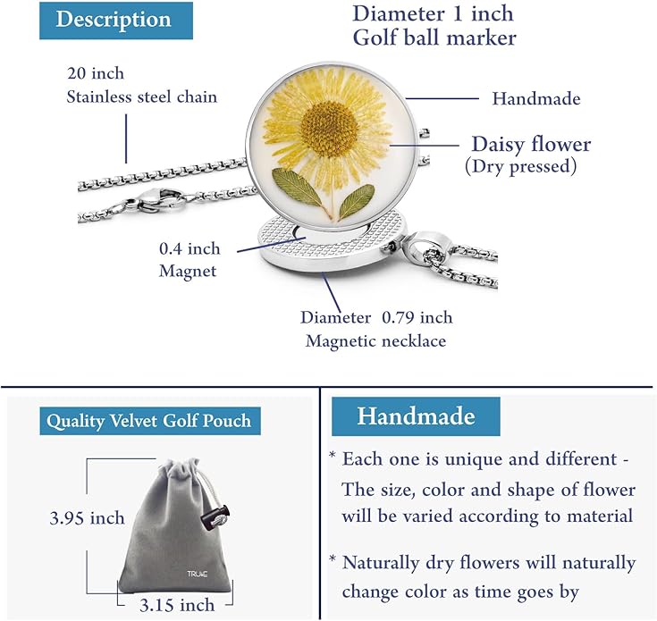 Golf Ball Marker necklace with ball marker, handmade pressed flower golf marker,Gifts Accessories Women Golfers